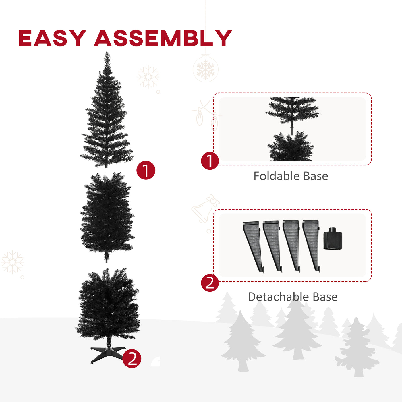 7FT Artificial Christmas Tree, Pencil Christmas Tree with Realistic Branches, Stable Stand, Black