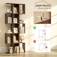 5-Tier Bookshelf, S Shaped Geometric Bookcase with 15 Compartments, Brown Wood Grain