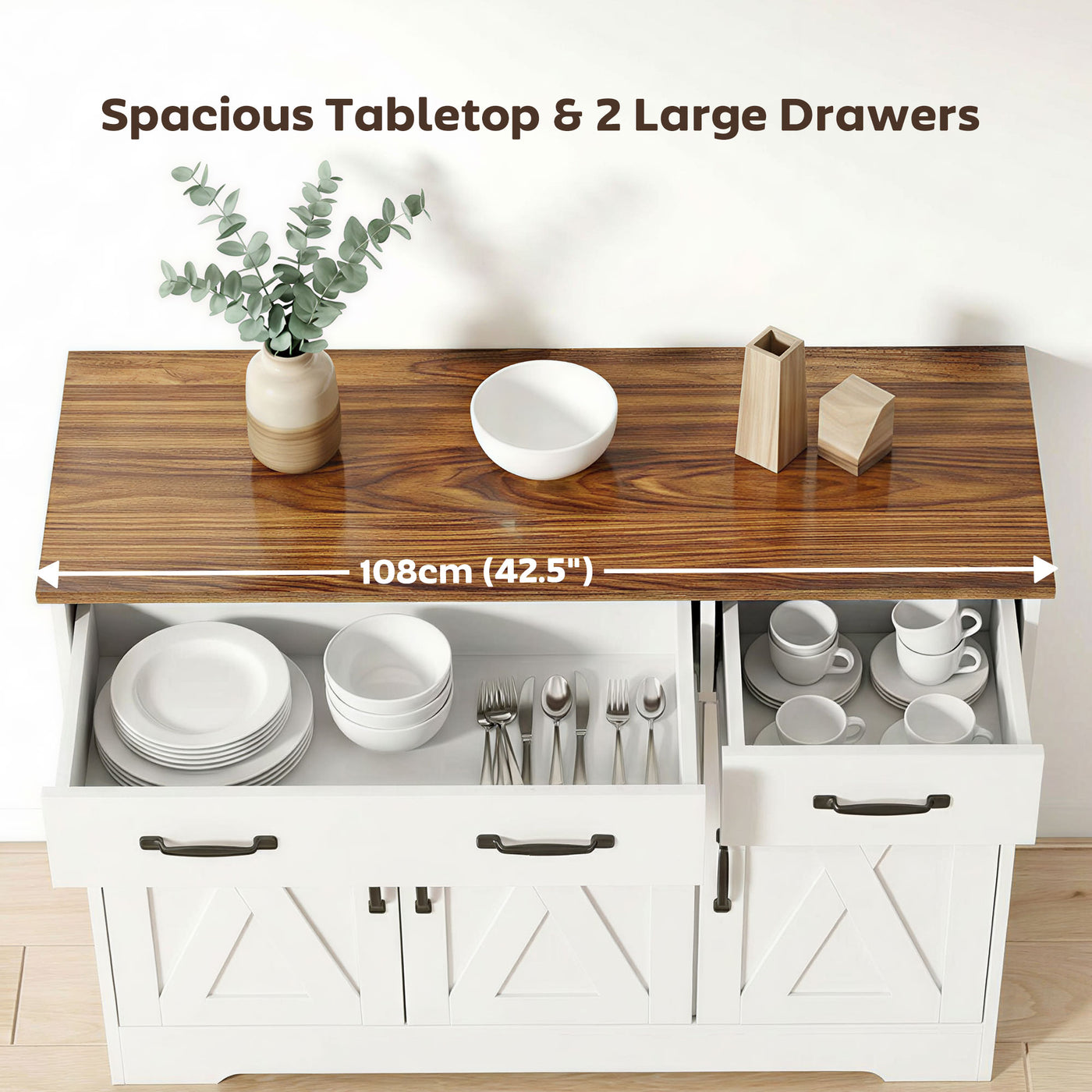 Sideboard Buffet Cabinet, 43" Farmhouse Kitchen Cabinet with 3 Barn Doors, 2 Drawers, 2 Adjustable Shelves, White