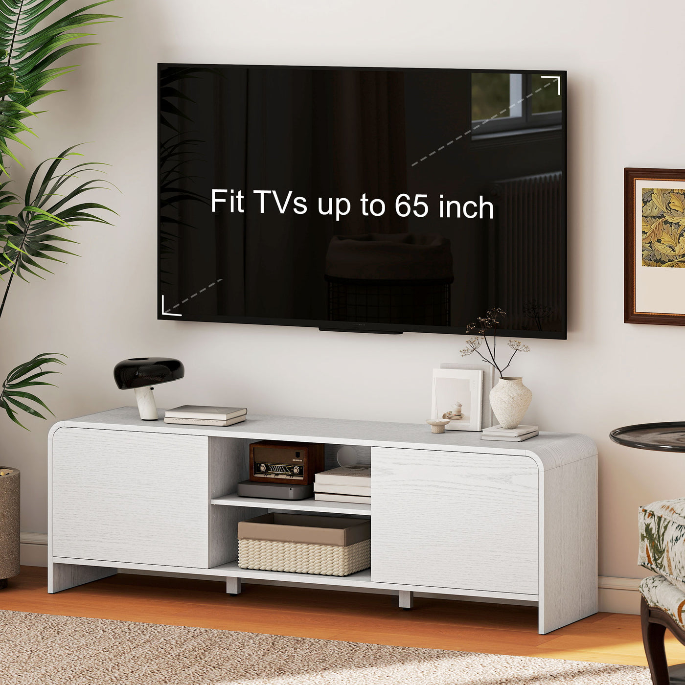 TV Stand for up to 65 Inch TV, Nordic Entertainment Center with 2 Cabinets and 2 Open Shelves for Living Room, White