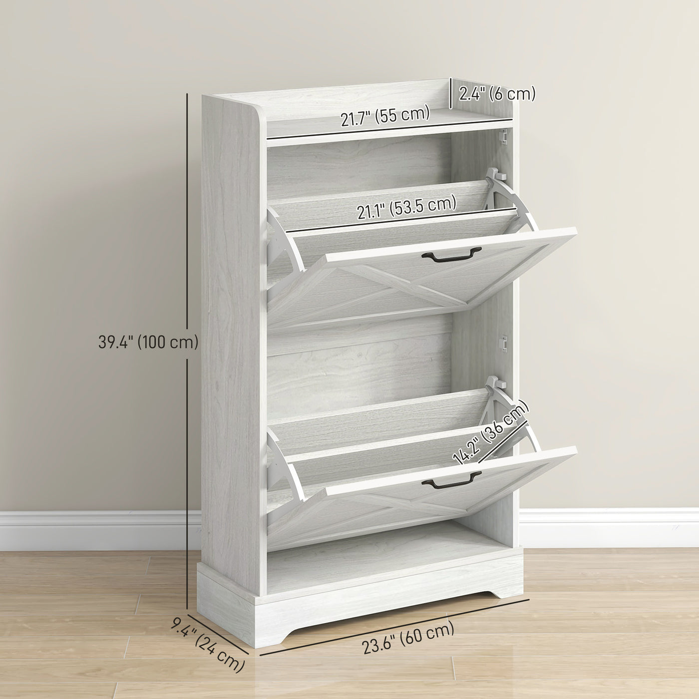Slim Shoe Storage Cabinet, Farmhouse Shoe Cabinet with 2 Flip Drawers, Adjustable Shelves for 8 Pairs, Distressed White