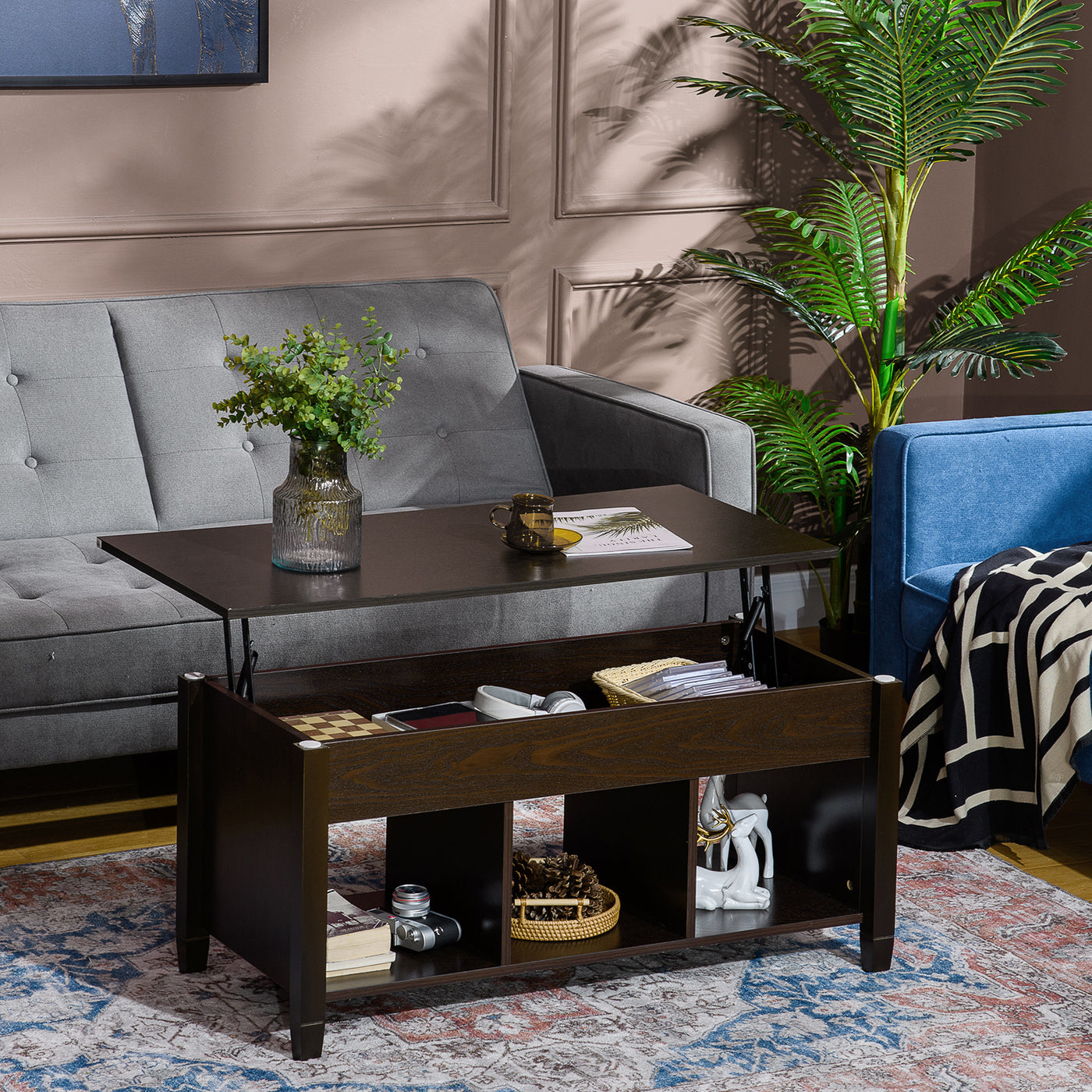 Lift Top Coffee Table, Modern Center Table with Storage Shelves and Hidden Compartment for Living Room, 41" L, Espresso