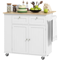 Kitchen Island with Power Outlet and Drop Leaf, Rolling Kitchen Cart with 2 Drawers and Adjustable Shelves, White