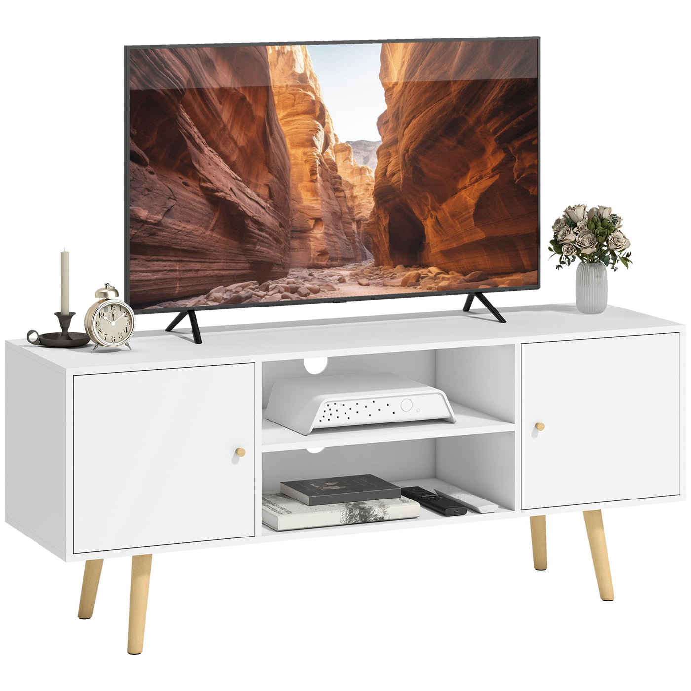 TV Stand Cabinet for TVs up to 55 Inches, Entertainment Unit with Storage Shelves and Wood Legs for Living Room, White