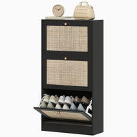Rattan Shoe Storage Cabinet with 3 Flip Drawers and Adjustable Shelves, Entryway Shoe Cabinet for 18 Pairs, Black