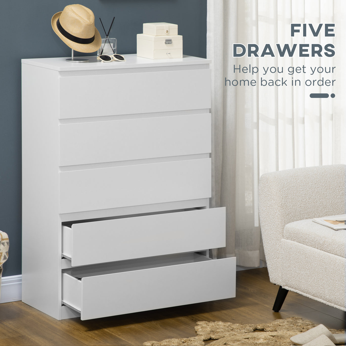 Dresser for Bedroom with 5 Drawers, Modern Chest of Drawers for Living Room, Closet, Hallway, White