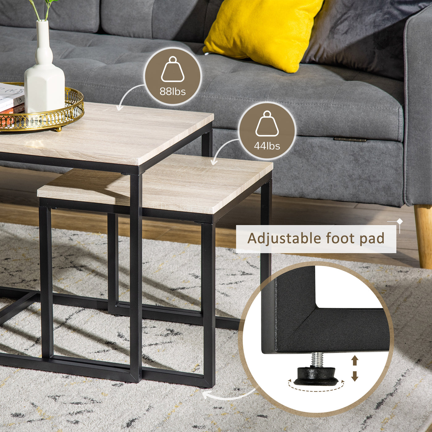 Nesting Coffee Table Set of 3, Modern End Tables with Black Metal Frame for Living Room Home Furniture, Natural