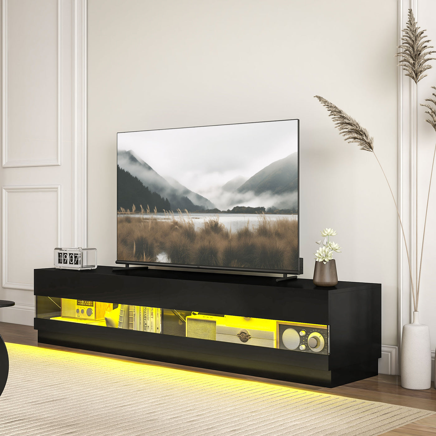 Lighted TV Stand for TVs up to 75", TV Cabinet with Storage for Living Room, High Gloss Black