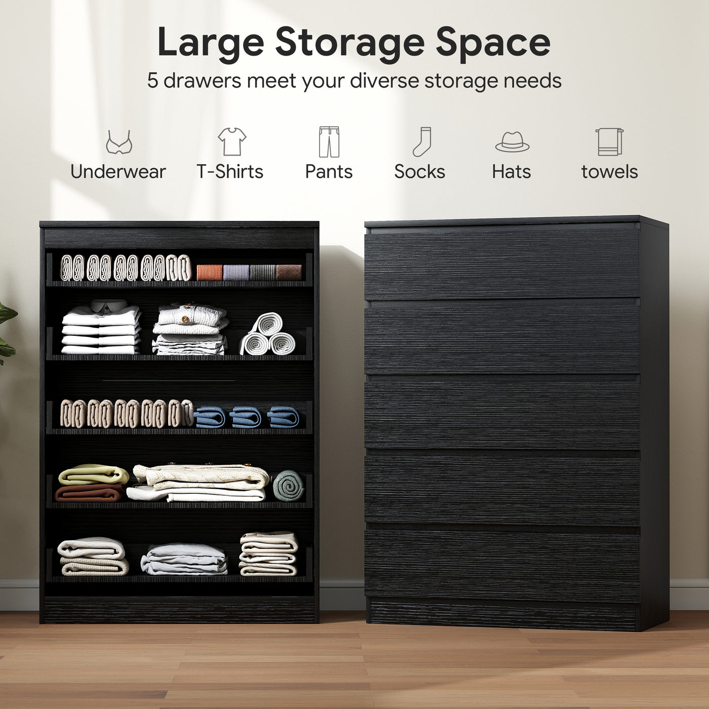 Dresser for Bedroom with 5 Drawers, Modern Chest of Drawers for Living Room, Closet, Hallway, Black
