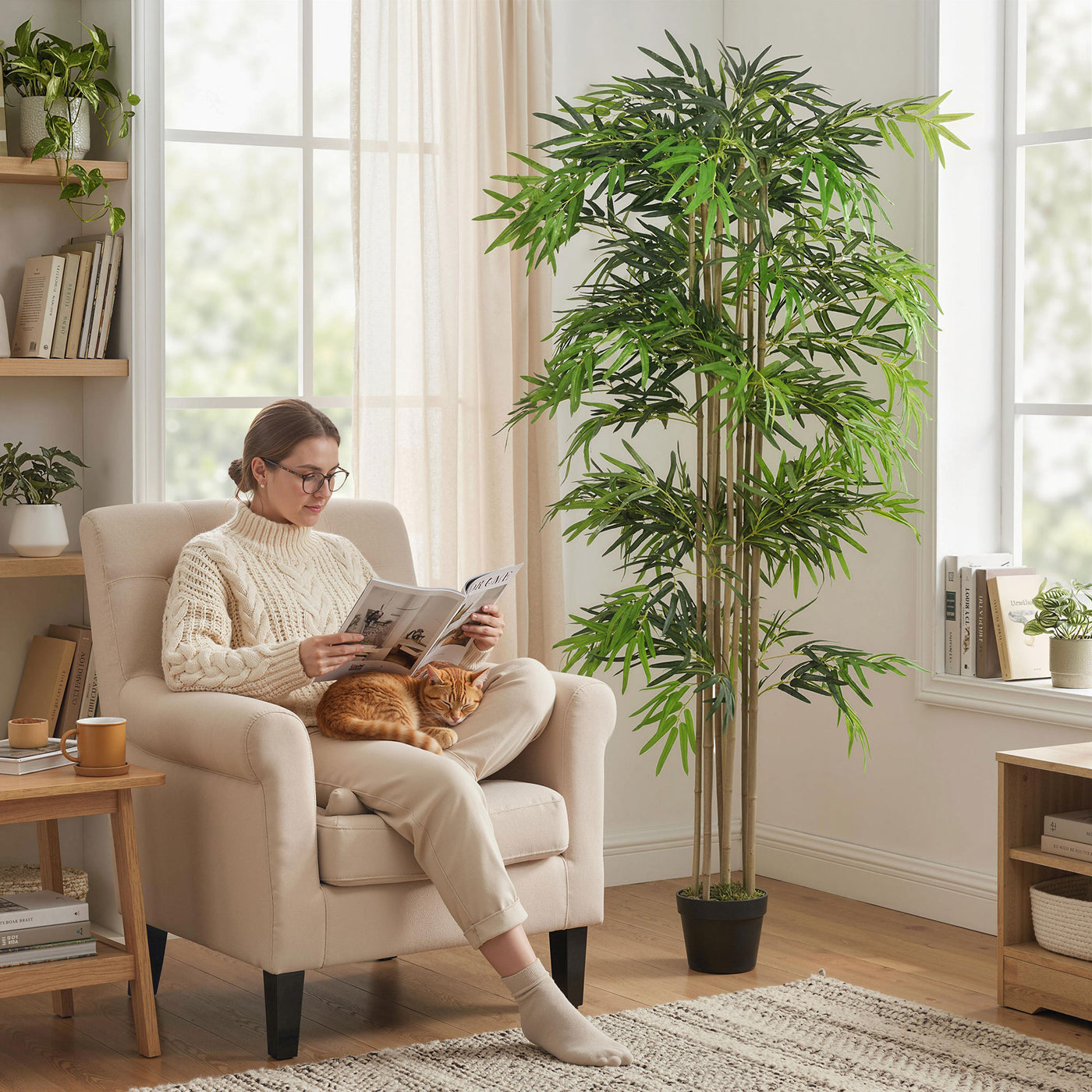 6FT Artificial Bamboo Tree, Fake Plant with 1530 Leaves, Greenery Plant in Nursery Pot for Indoor, Green
