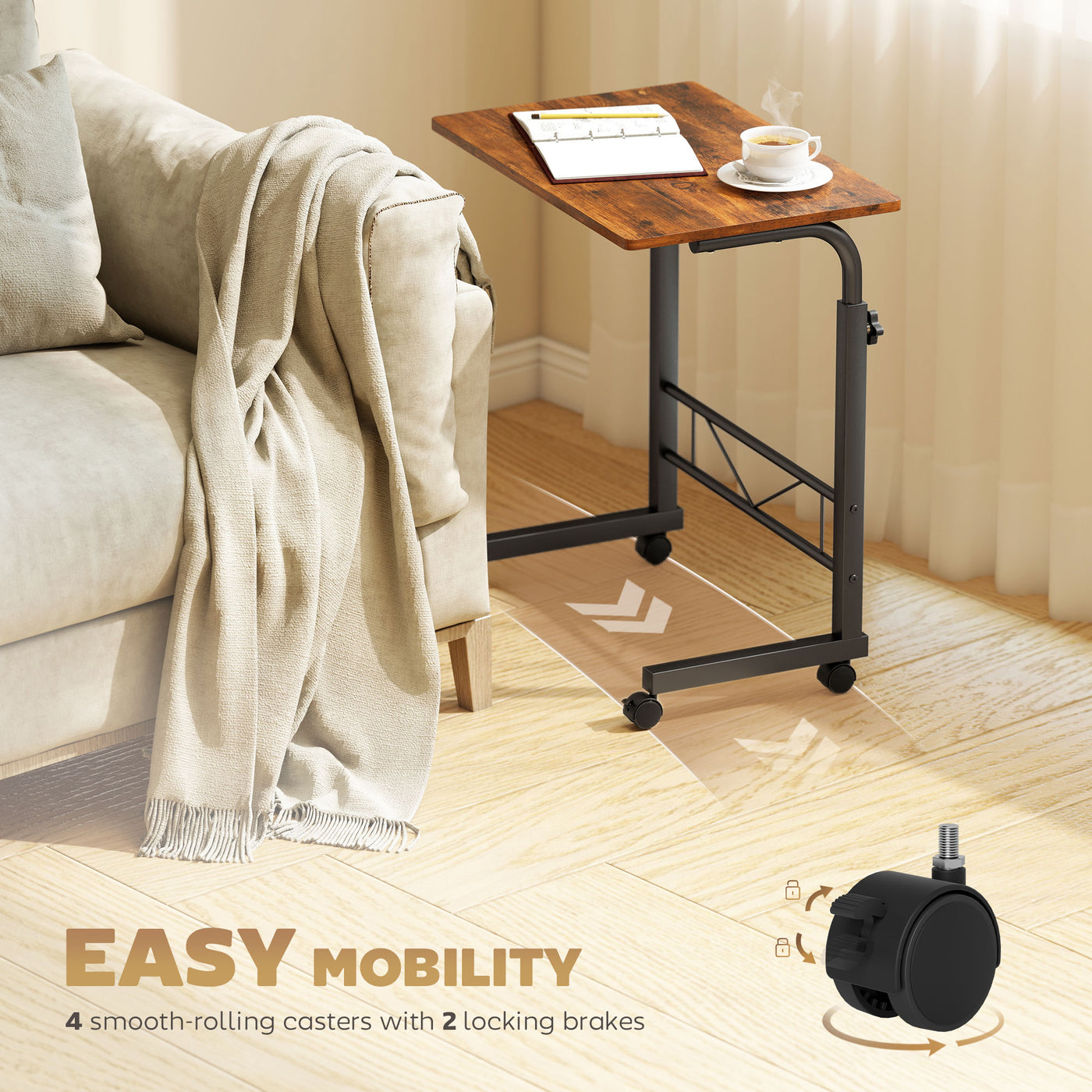 Mobile Standing Desk with Adjustable Height, 23.5 inch Stand Up Desk with Wheels, Rustic Brown