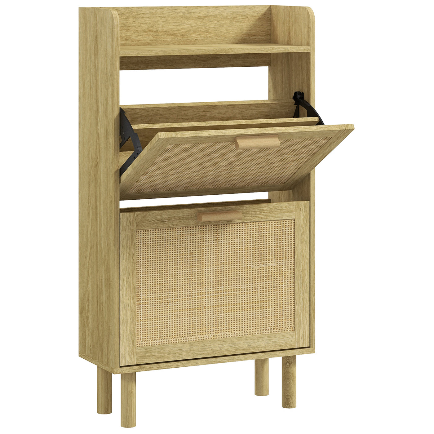 Slim Shoe Storage with 2 Flip Drawers and Adjustable Shelves, Rattan Shoe Cabinet Organizer for 12 Pair, Oak