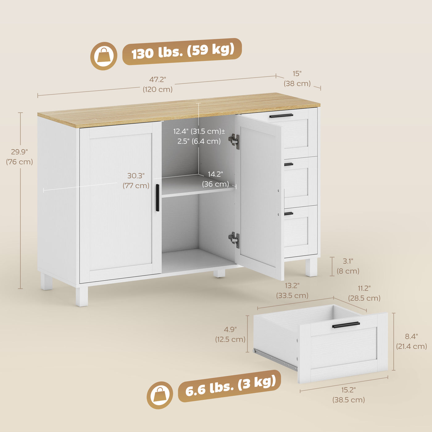 Buffet Cabinet with Soft-Close Doors, Modern Sideboard with 3 Drawers for Living Room, Kitchen, Dining Room, White