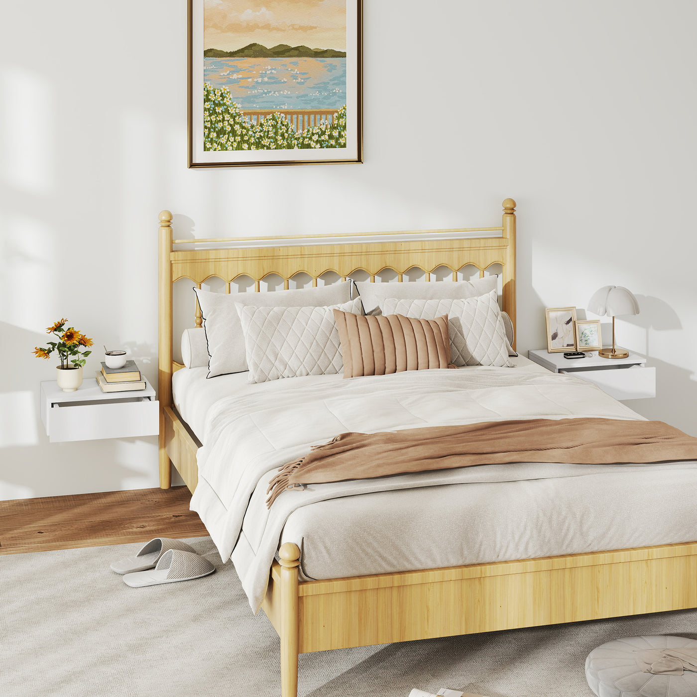 Set of 2 Wall Mounted Bedside Tables, Floating Nightstands with Drawer for Bedroom, White