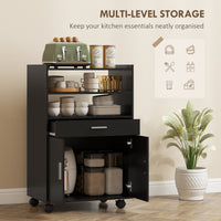 Microwave Cart with Wheels, Microwave Stand with Worktop, Open Shelves and Drawer, Storage Cabinet, Black