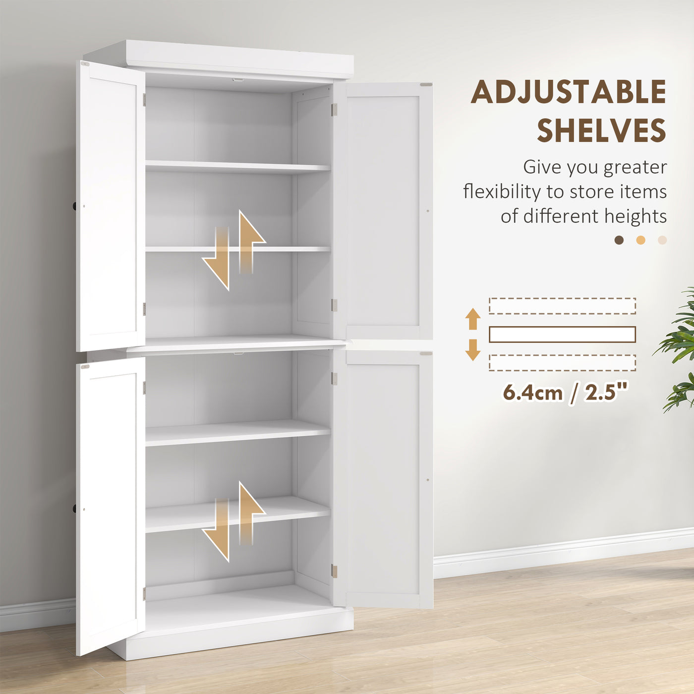 72.5" Freestanding Kitchen Pantry Cabinet with 4 Doors, White