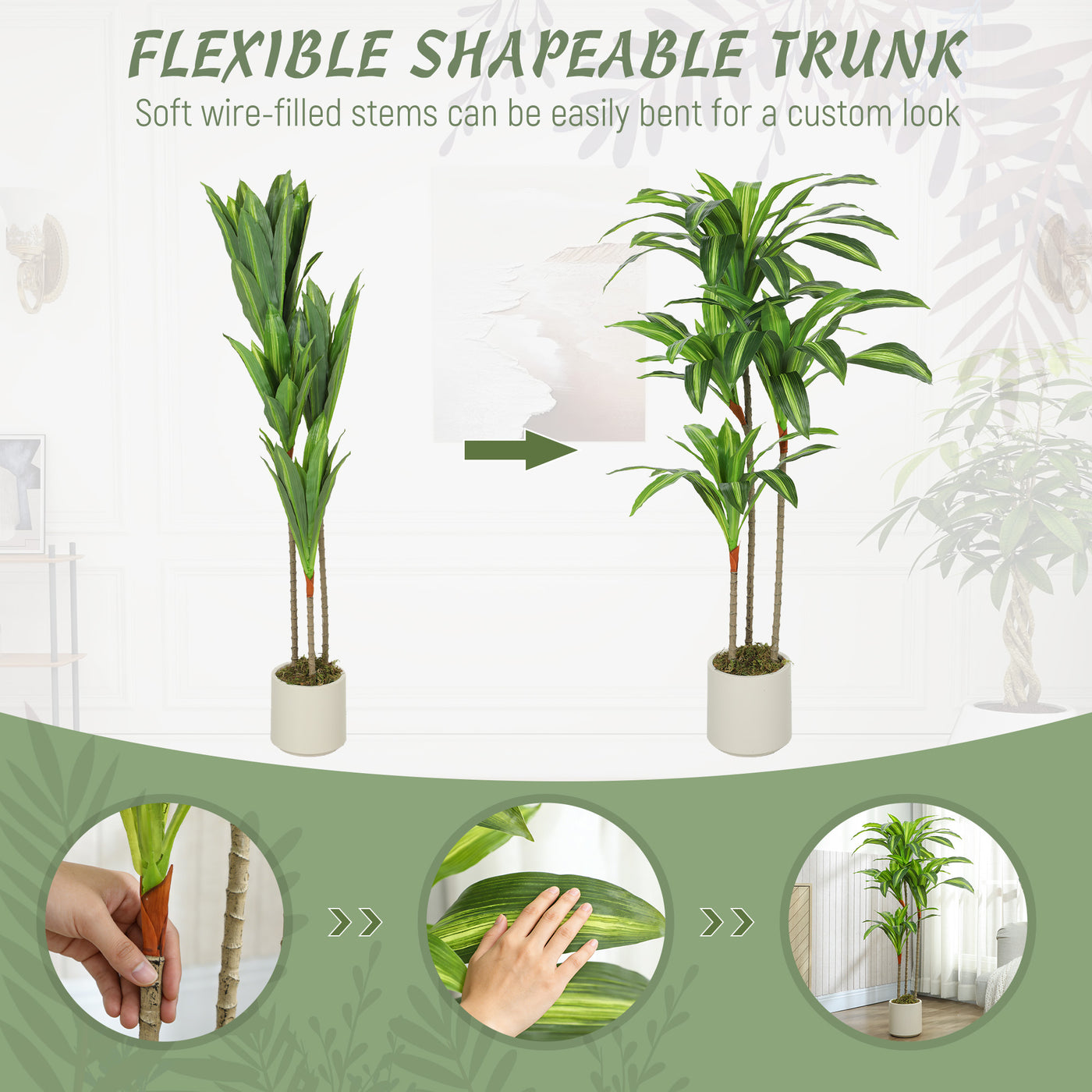 4FT Dracaena Fake Plant, Artificial Plant with Bendable Trunks for Home Office Decor, Green
