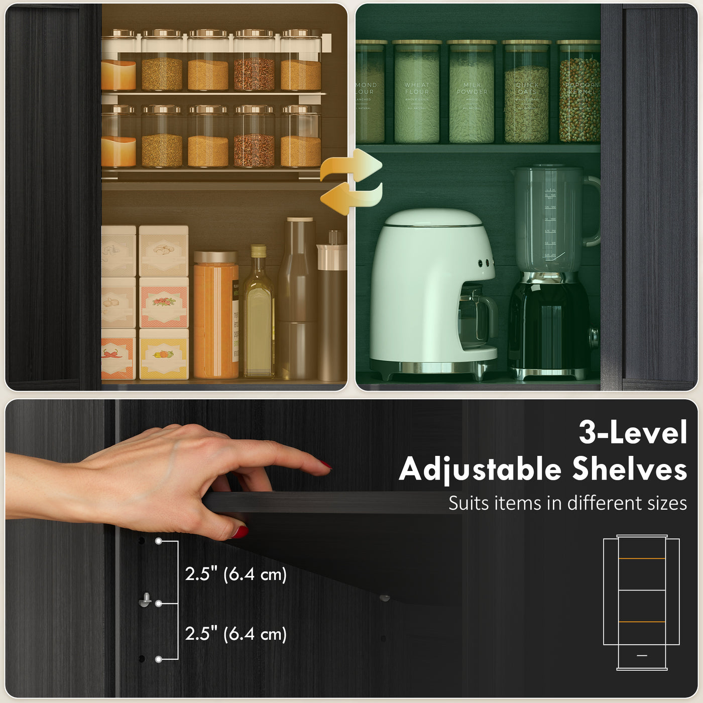 71" Pantry Cabinet, Kitchen Storage Cabinet with Adjustable Shelves, 2 Doors and Drawer for Dining Room, Black