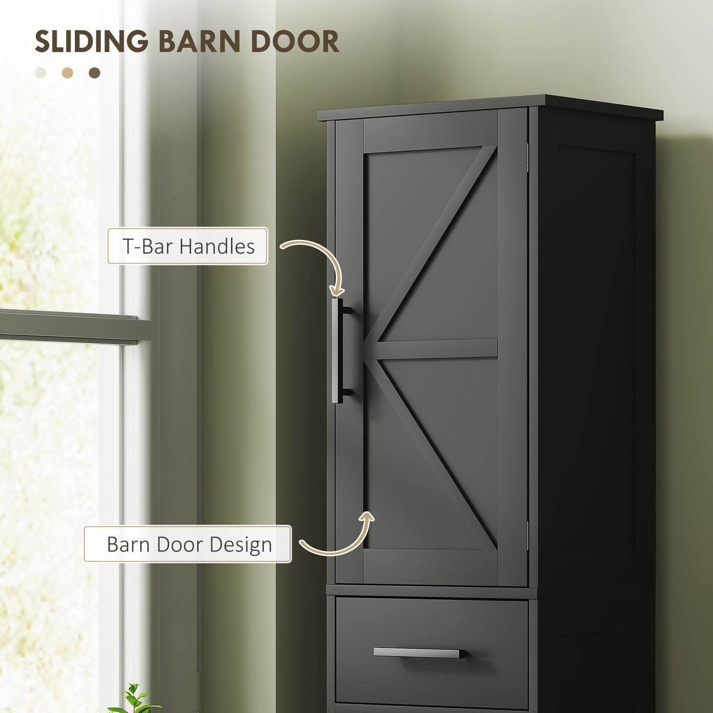 67" Tall Bathroom Cabinet, Narrow Bathroom Storage Cabinet with Drawer, Barn Doors and Adjustable Shelves, Black