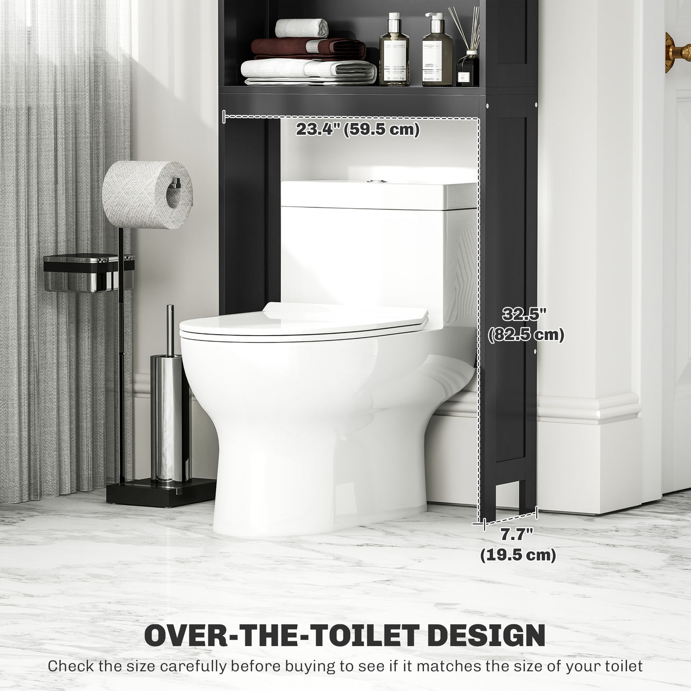 Modern Over The Toilet Storage, Bathroom Cabinets Over Toilet with Open Shelves and Double Door Cabinet, Black