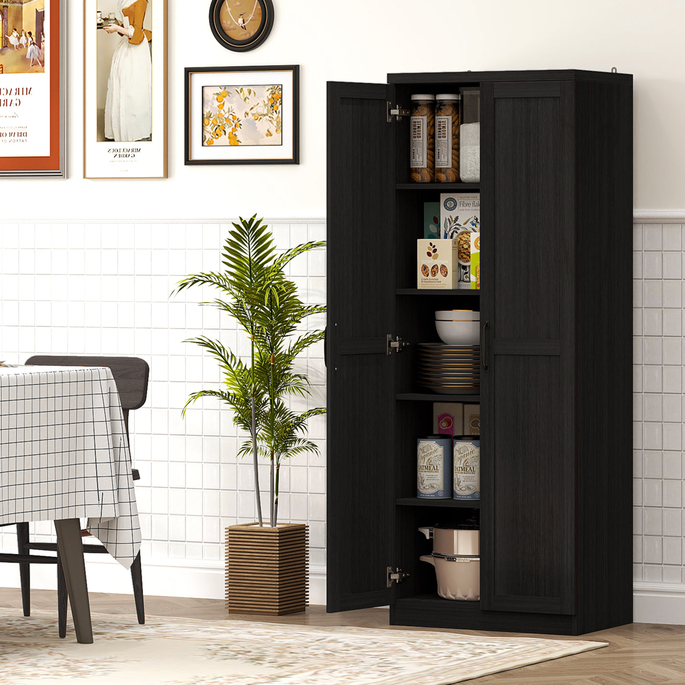 63" Kitchen Storage Cabinet, 5-tier Pantry Cabinet with Doors and Adjustable Shelves for Dining Room, Black