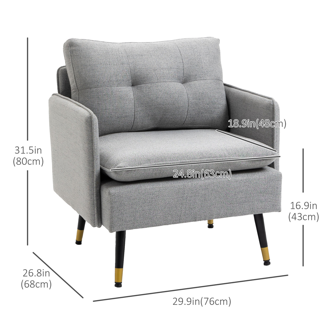 Accent Chair, Upholstered Armchair with Tufted Back Cushion and Steel Legs for Living Room, Bedroom, Grey