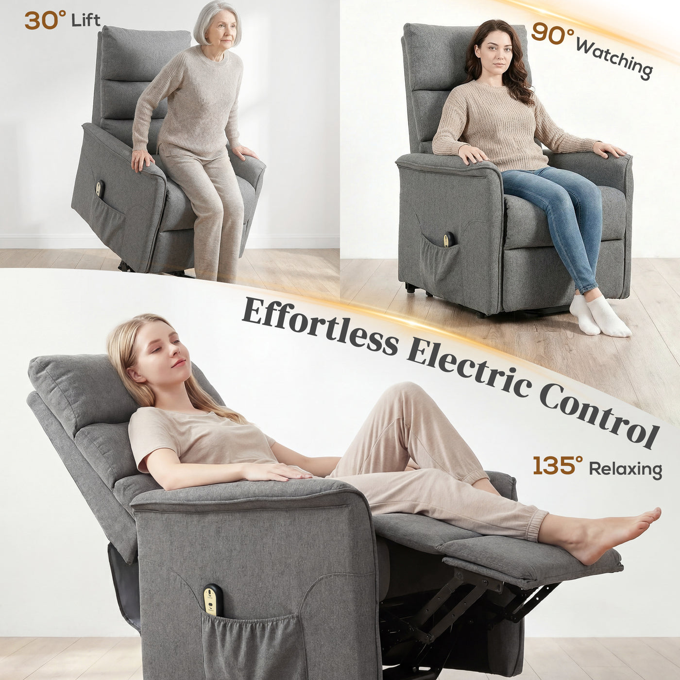 Lift Chair for Elderly, Power Chair Recliner with Remote Control, Side Pockets for Living Room, Dark Grey