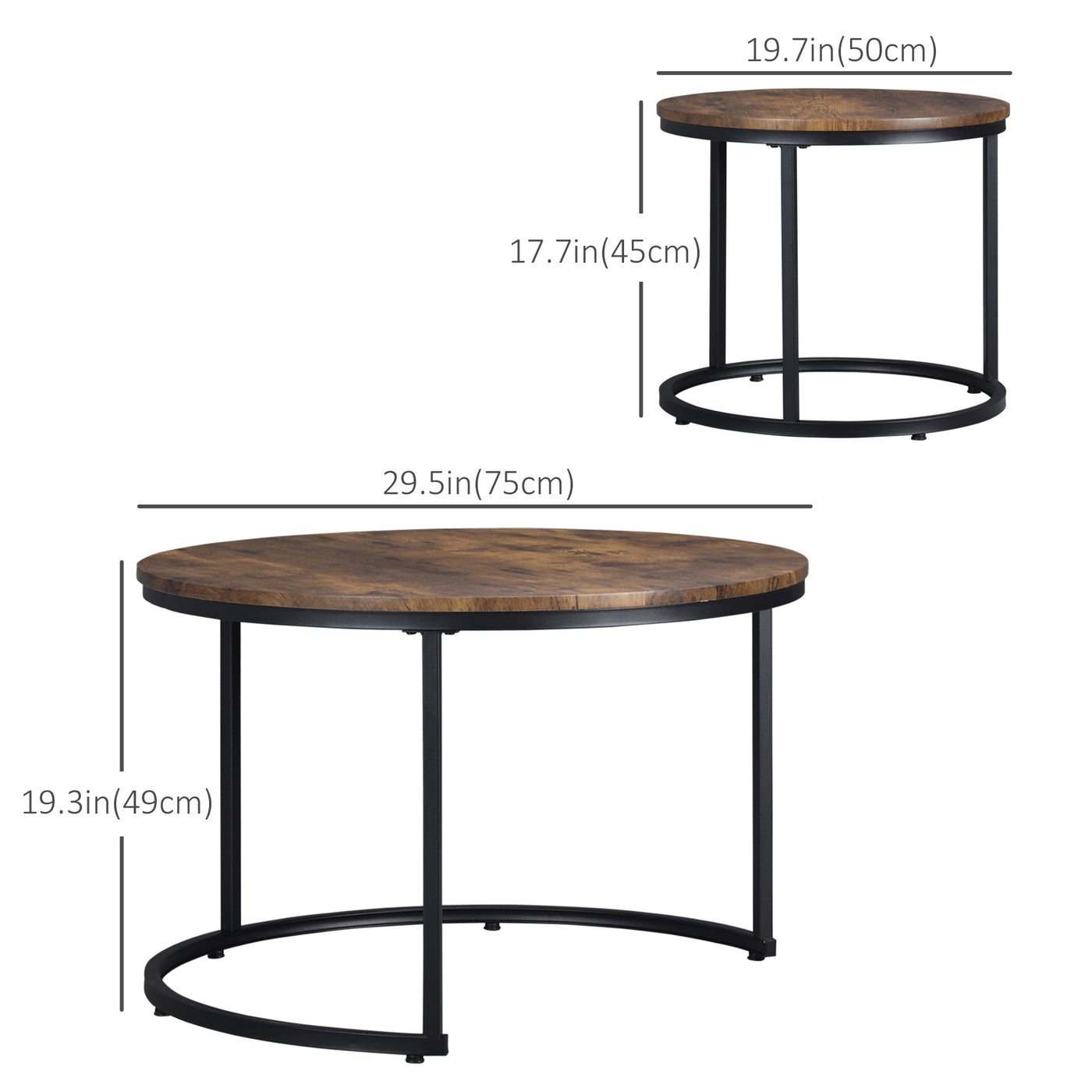 Nesting Tables, 29" Round Coffee Table Set of 2, Modern Side Tables for Living Room with Metal Base, Rustic Brown