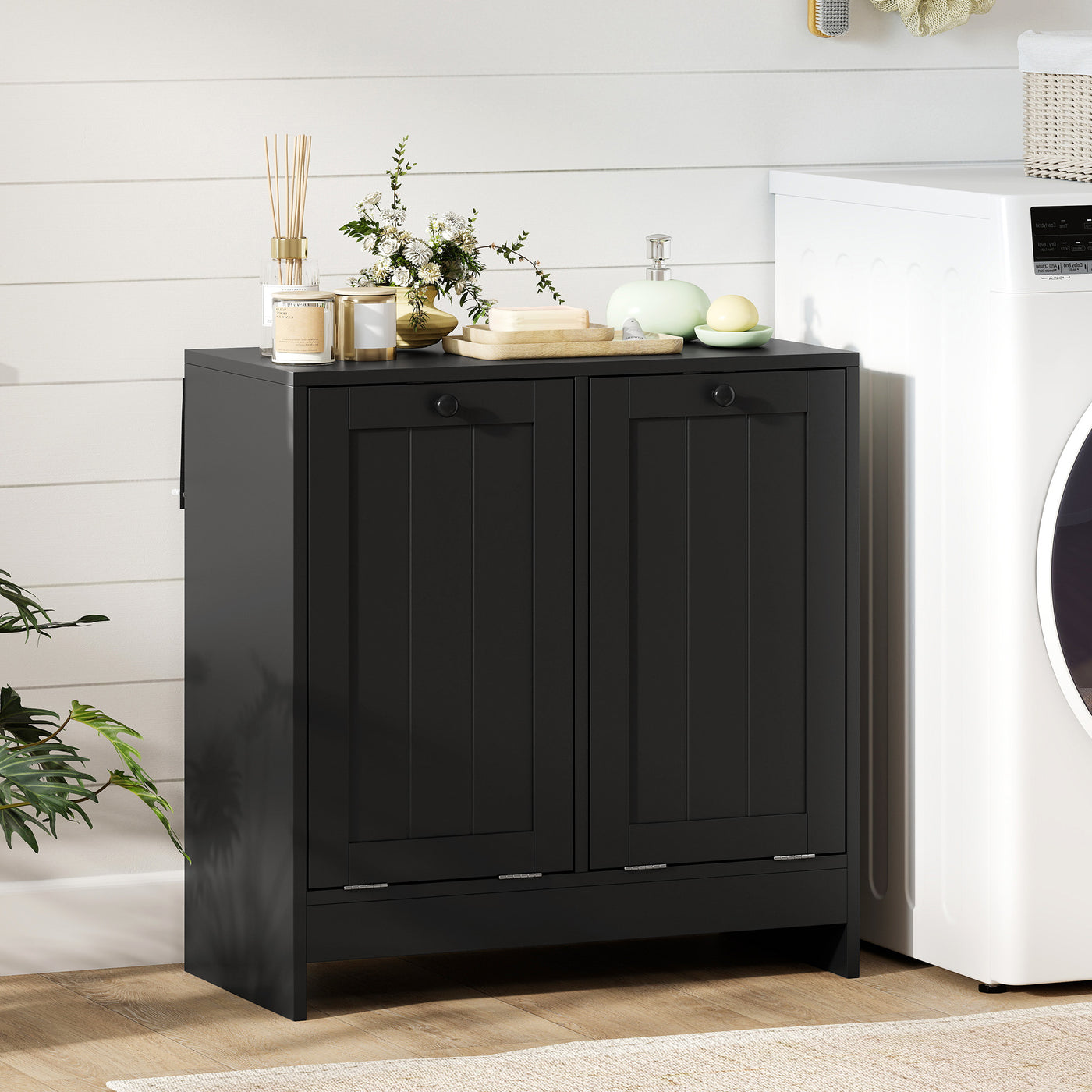 Tilt-Out Laundry Storage Cabinet, Modern Laundry Hamper with 2 Compartments for Bathroom Washroom, Black