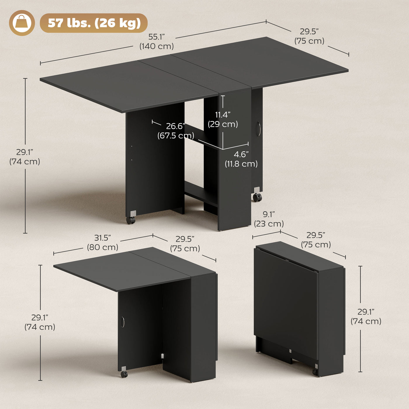 Extendable Dining Table, Collapsible Folding Table w/ 2-tier Shelves and Rolling Casters, Black