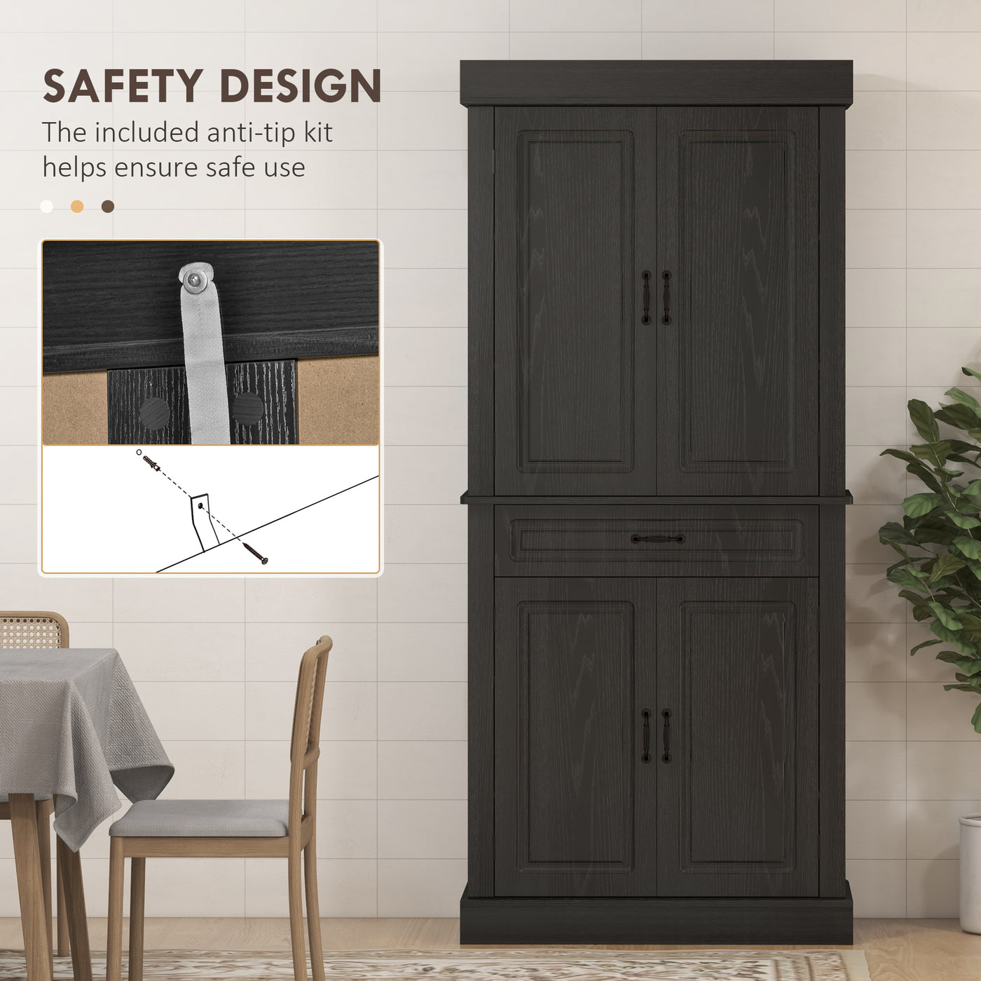 71" Freestanding Kitchen Pantry with 4 Doors and 2 Cabinets, Tall Storage Cabinet for Kitchen, Distressed Black