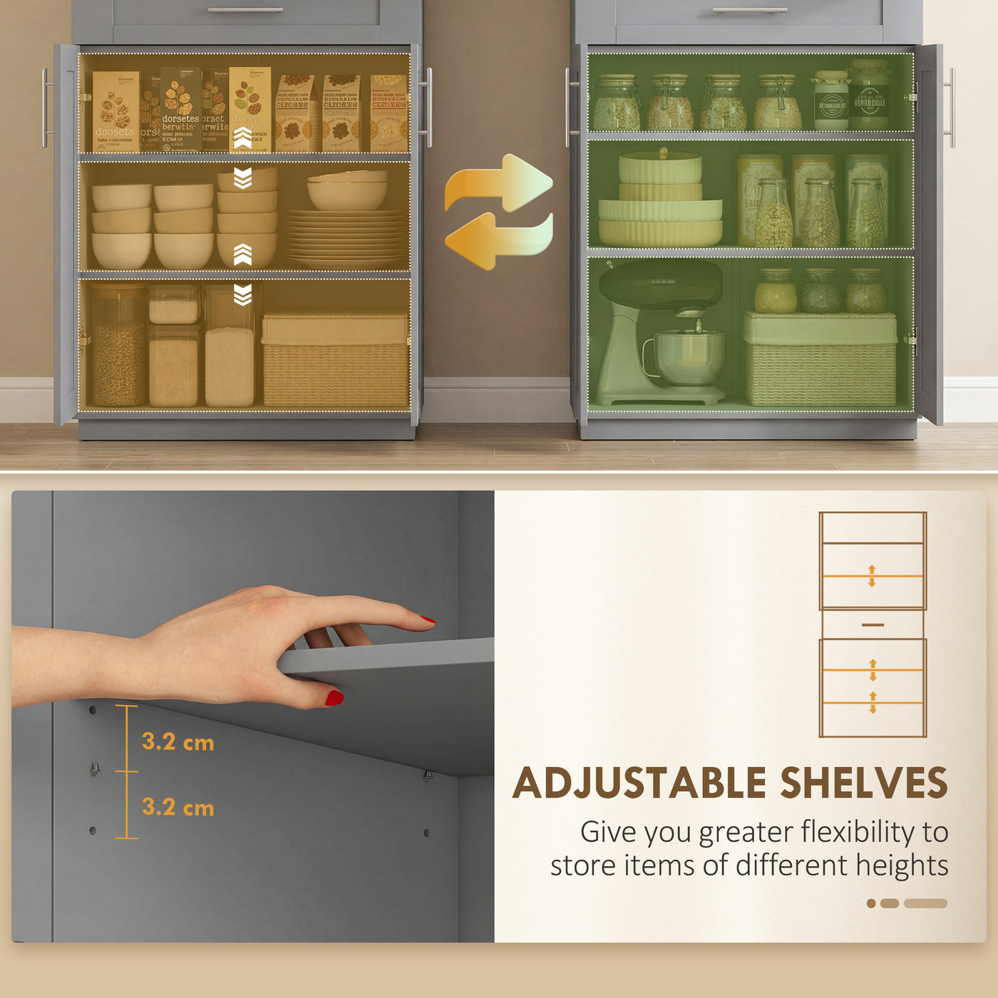 72" Storage Cabinet, Freestanding Kitchen Pantry Cabinet with 4 Doors, Drawer and 3 Adjustable Shelves, Grey