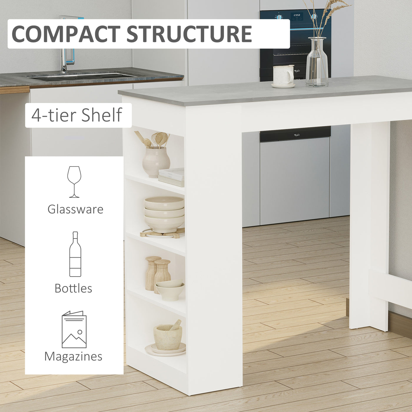 Bar Table, High Top Pub Table with 4 Storage Shelves, Modern Bar Height Table for Home Bar, Kitchen, Grey