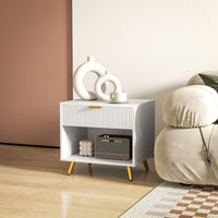 Nightstand with Fluted Panel, Bedside Table with Drawer and Open Compartment, Modern Night Table for Bedroom, White