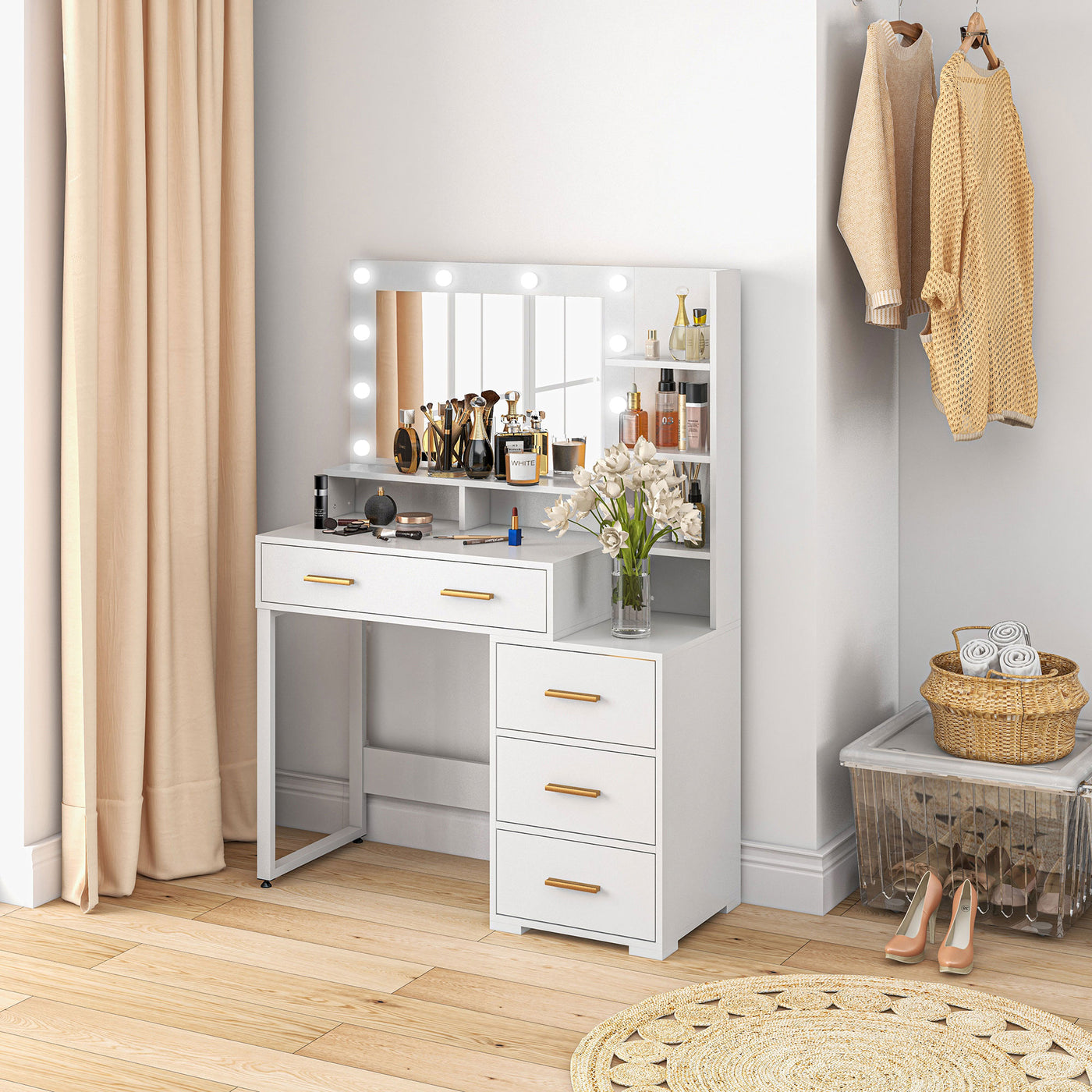 Illuminated Dresssing Table, LED Vanity Table with Mirror, Drawer and Storage Shelves for Bedroom, White
