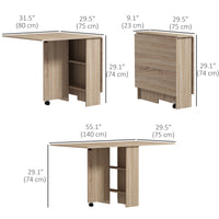 Extendable Dining Table, Collapsible Folding Table w/ 2-tier Shelves and Rolling Casters, Nature Wood