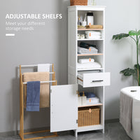Tall Bathroom Storage Cabinet, Free Standing Bathroom Cabinet Slim Side Organizer w/ 3-Tier Open Shelf, Door, and Drawer, White