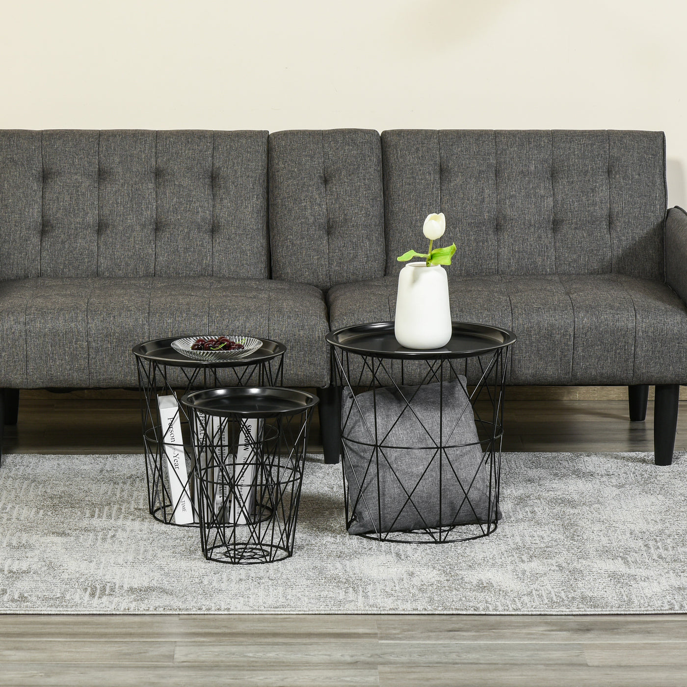 Set of 3 Nesting Coffee Tables with Storage, Round End Table with Removable Tray, Basket Side Tables with Metal Frame for Living Room, Black