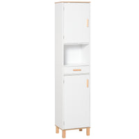 Bathroom Storage Cabinet with Cupboards and Drawer, Floor Free Standing Linen Tower, Tall Slim Side Organizer Shelves, White