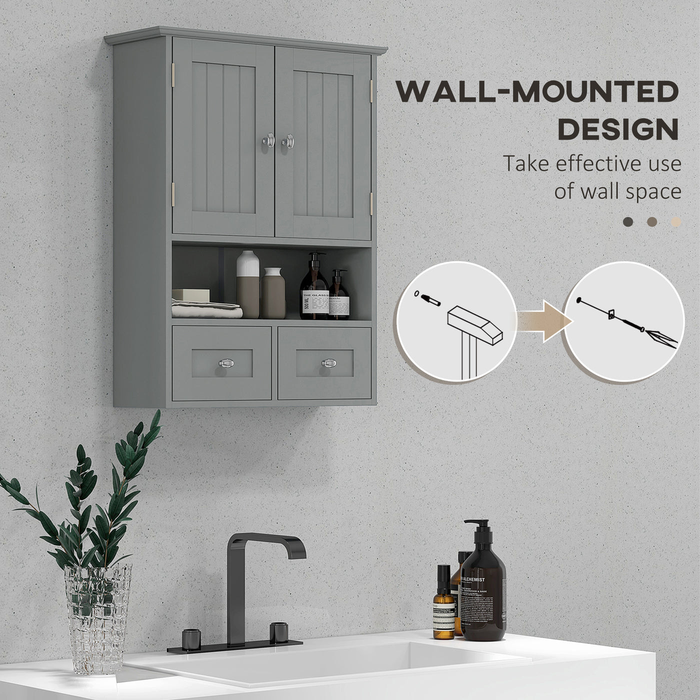 Bathroom Wall Cabinet with 2 Drawers, Modern Medicine Cabinet with 2 Doors and Open Shelf, Over the Toilet Storage Organizer for Living Room, Kitchen，20" x 7" x 26", Grey