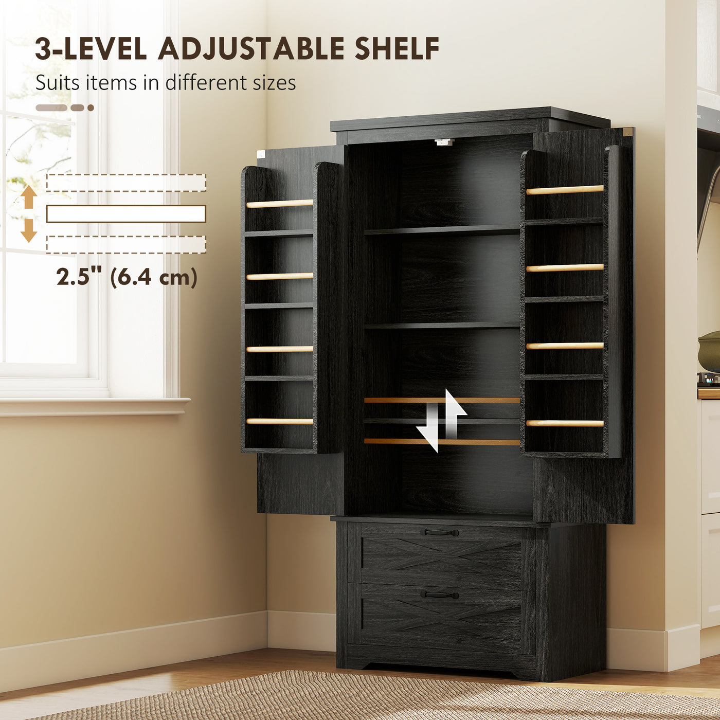 Farmhouse Kitchen Pantry Storage Cabinet, 64" Freestanding Kitchen Pantry Cabinet with Drawers, Distressed Black