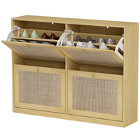 Narrow Shoe Storage Cabinet, Rattan Shoe Cabinet with 4 Flip Drawers and Adjustable Shelves for 20 Pairs, Oak