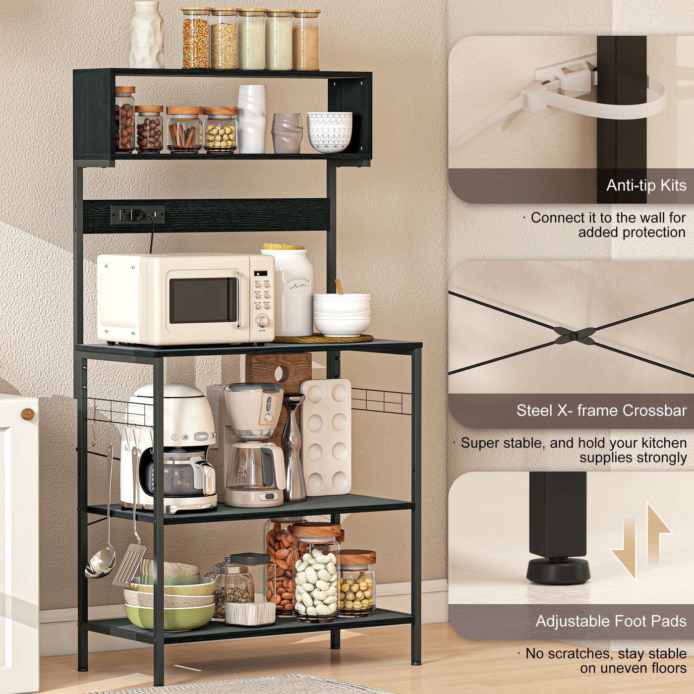 Baker's Rack with Charing Station, Microwave Shelf with Power Outlet, USB Charger and 5 Hooks, Black