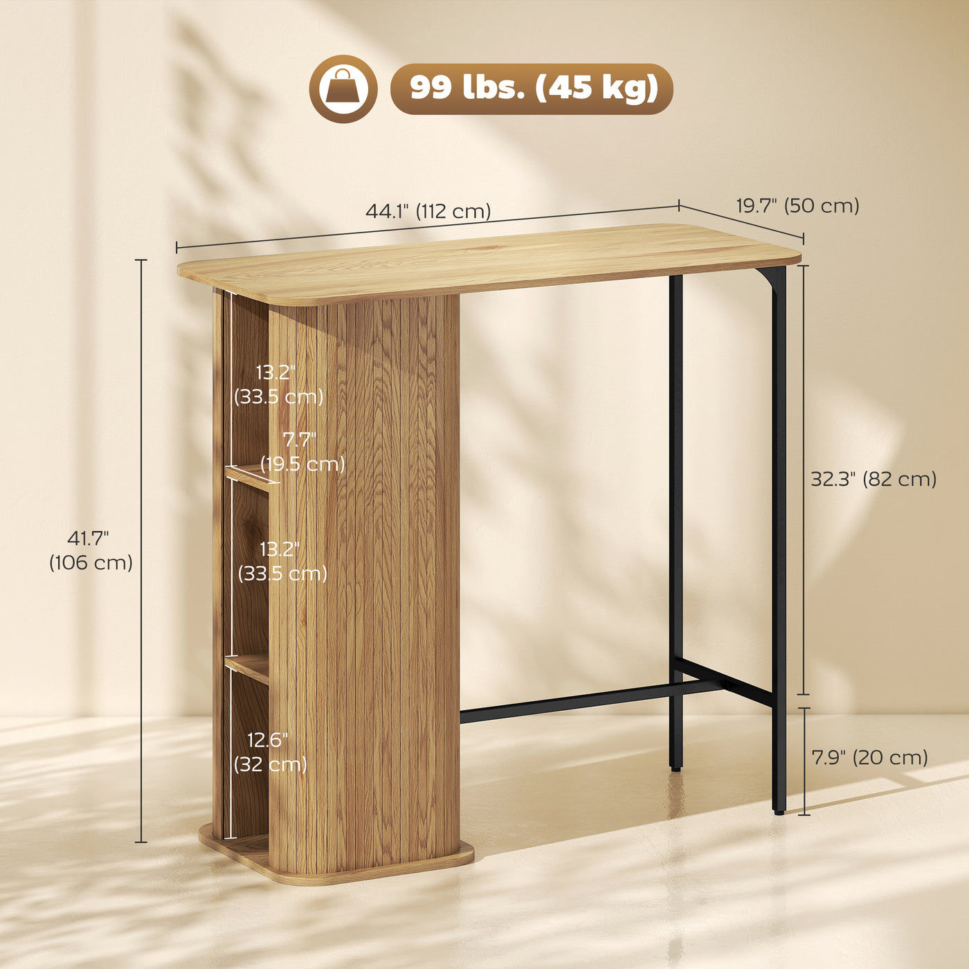 Tambour Bar Height Table with 3 Storage Shelves Rectangular Bar Table with Metal Frame for Kitchen Dining Room Natural