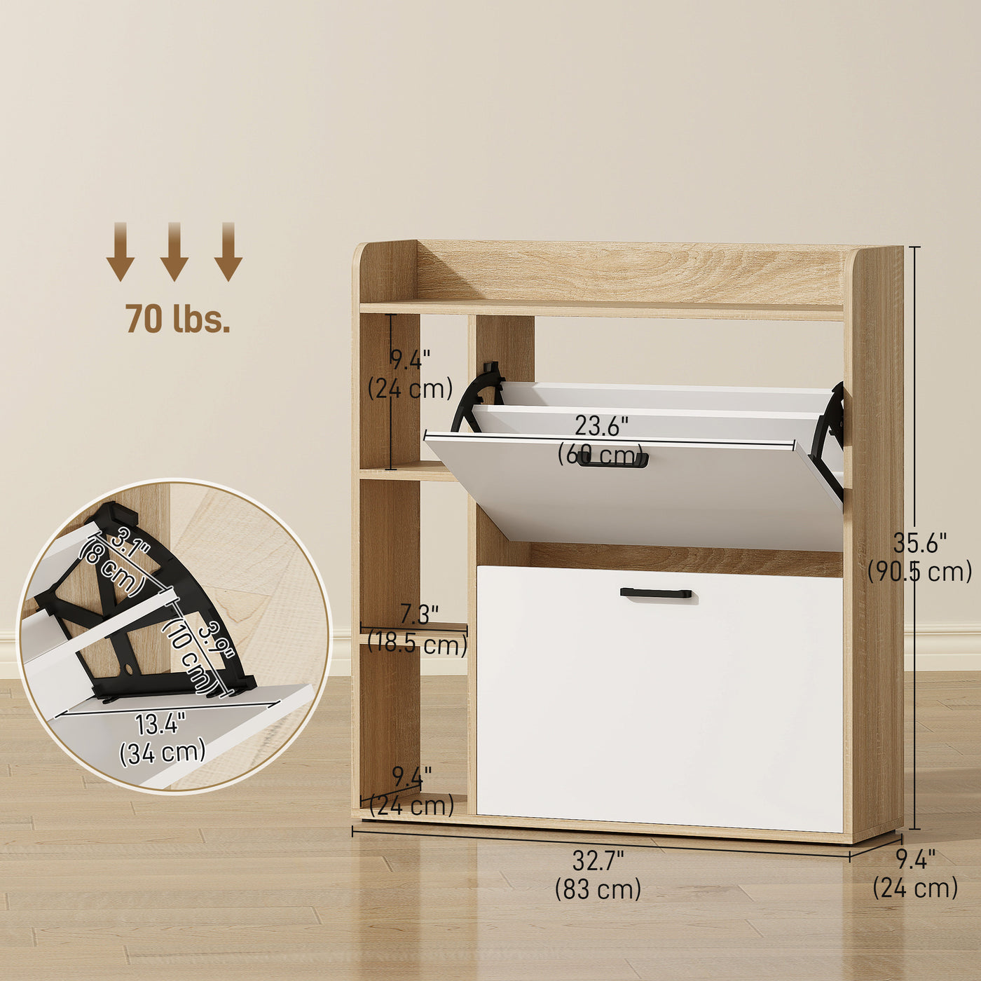 Shoe Cabinet with 2 Flip Drawers, 3 Side Compartments, Adjustable Shelves, 8-12 Pairs for Entryway Hallway, Natural