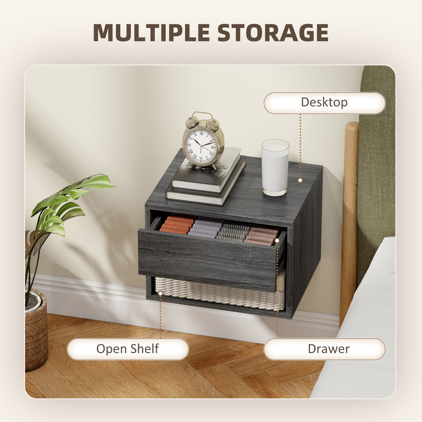 Floating Nightstand Set of 2, Wall Mounted Bedside Table with Drawer for Bedroom, Grey