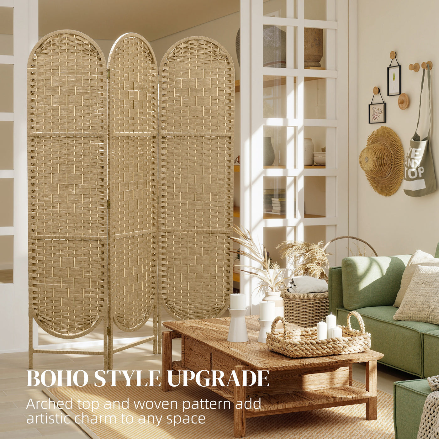 Bohemian Privacy Screen, Folding Room Divider with 3 Panels and Arched Top for Bedroom Living Room Office, Natural Wood