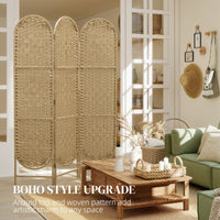 Bohemian Privacy Screen, Folding Room Divider with 3 Panels and Arched Top for Bedroom Living Room Office, Natural Wood