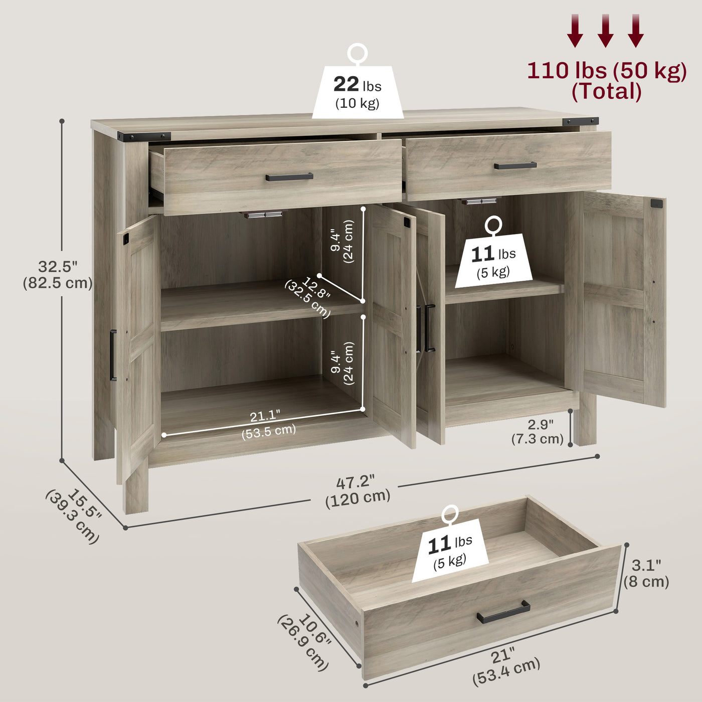 Side Cabinet, Farmhouse Kitchen Storage Cabinet w/ 2 Drawers and Shelves for Living Room, Entryway, Grey