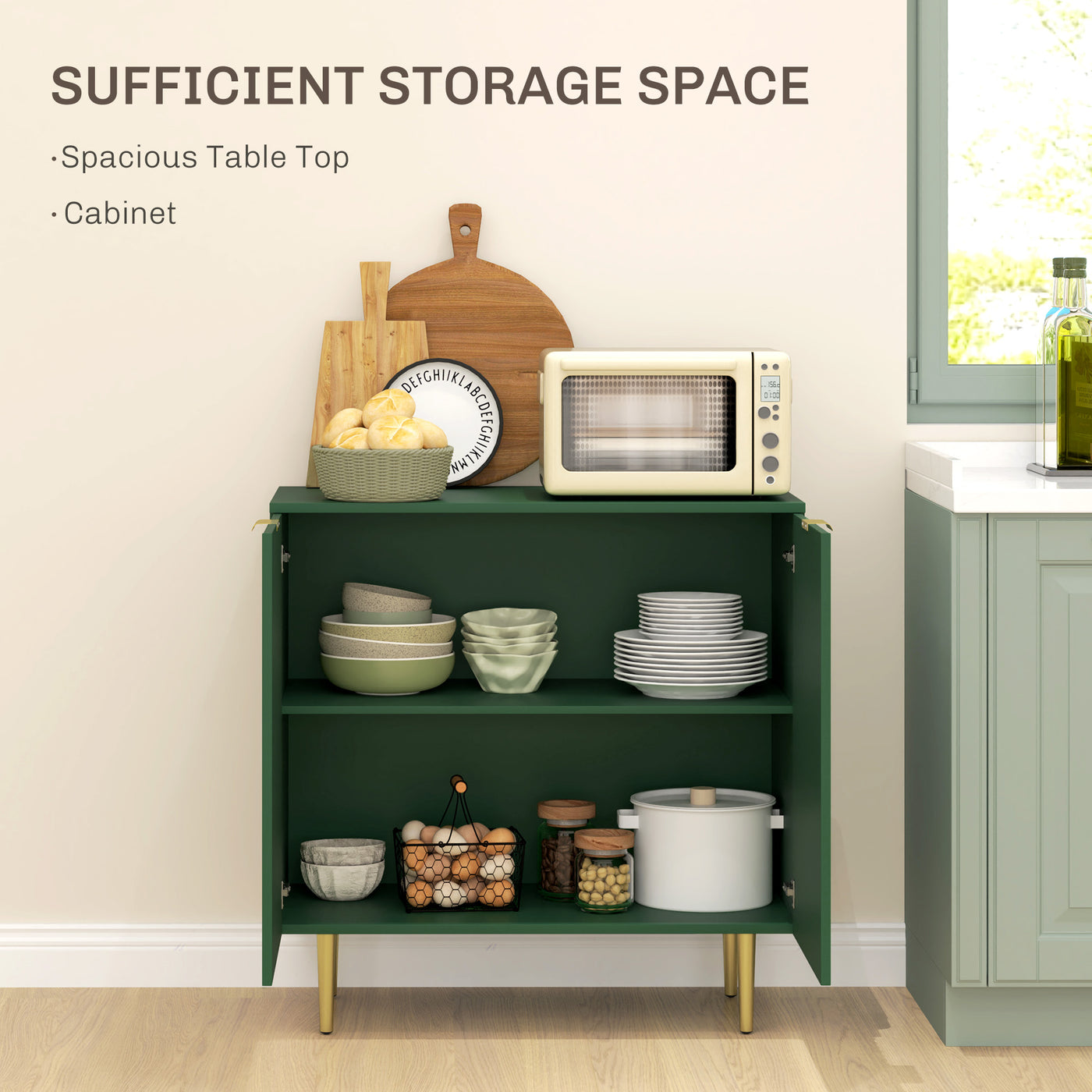 Modern Kitchen Storage Cabinet, Sideboard Buffet Cabinet with Adjustable Shelves and Metal Legs for Kitchen, Green